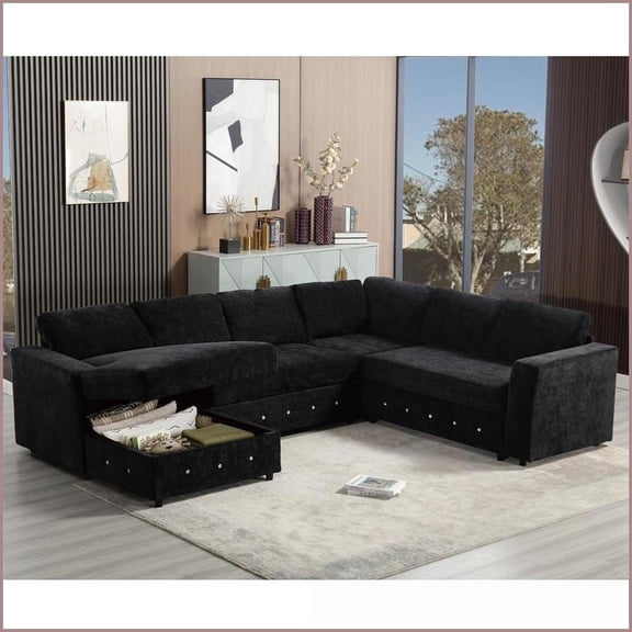 Modern U-Shaped 6-Seat Sectional Sofa with Chaise Storage – 110.75” Wide Chenille Fabric – Living Room/Apartment | Black | Chenille | Cushion Back
