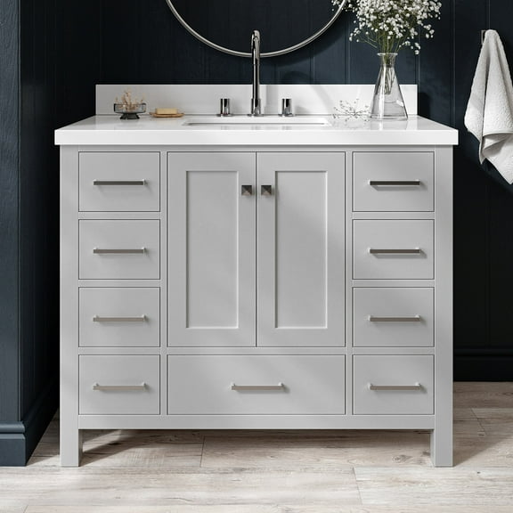 ARIEL Cambridge 43 Inch Grey Bathroom Vanity with Sink, Solid Wood, White Quartz Countertop, 1.5-Inch Edge, Single Rectangular Undermount Sink, 2 Soft Closing Doors, 9 Drawers
