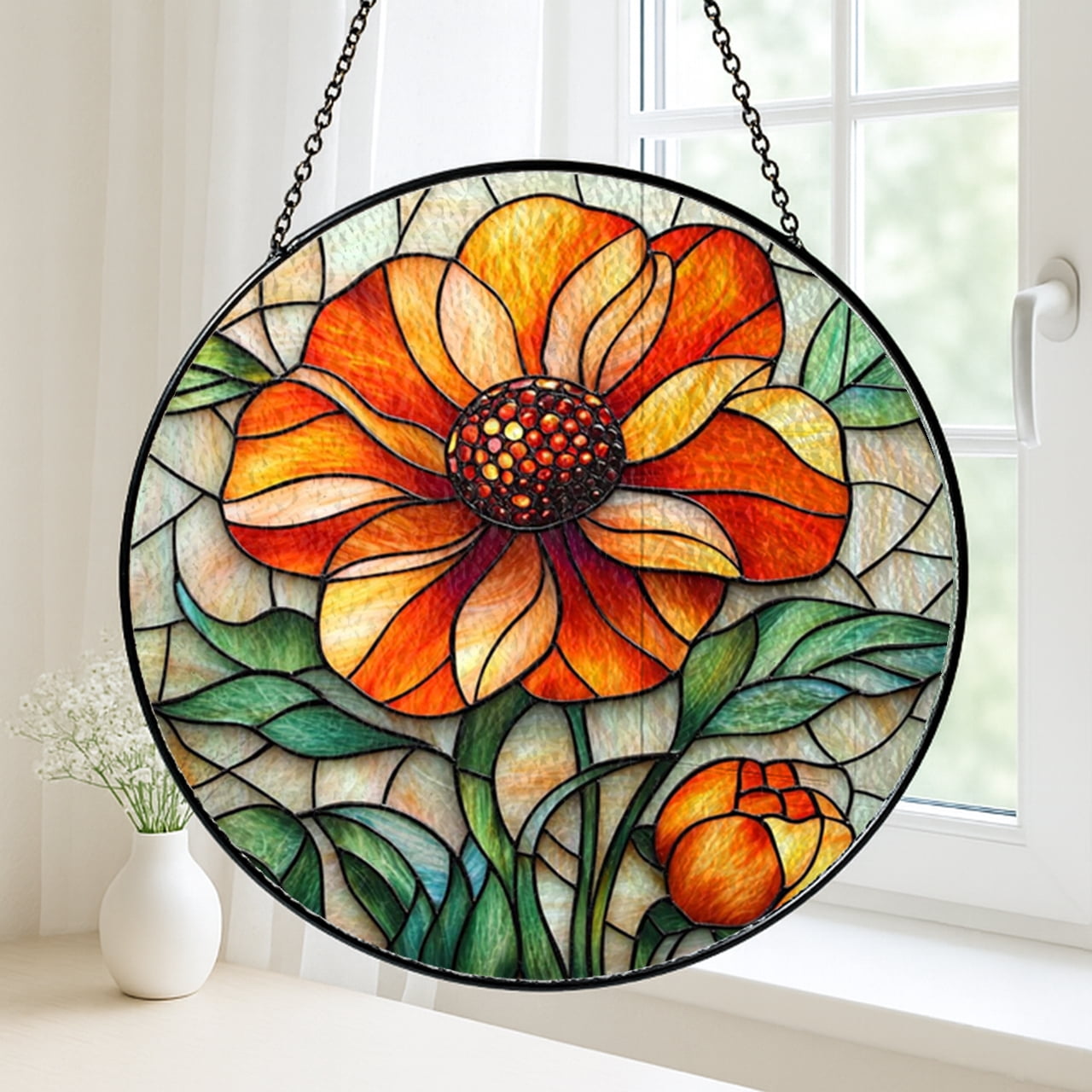 Floral Zinnia Window Hanging – Stained Glass Style Garden Art