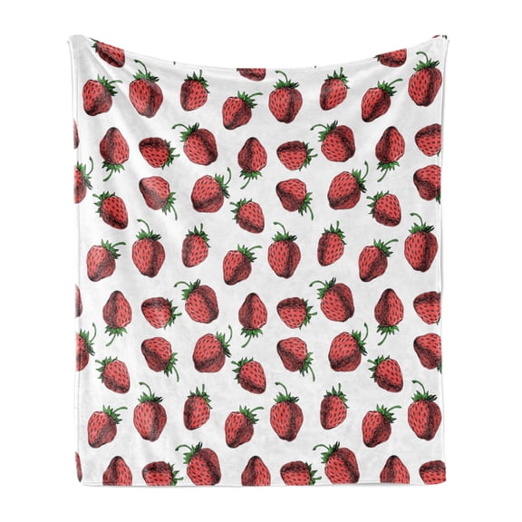 Botanic Soft Flannel Fleece Throw Blanket, Vibrant Hand Drawn Strawberry Pattern Fresh Summer Fruit Design, Cozy Plush for Indoor and Outdoor Use, 50" x 70", Fern Green White Red, by Ambesonne