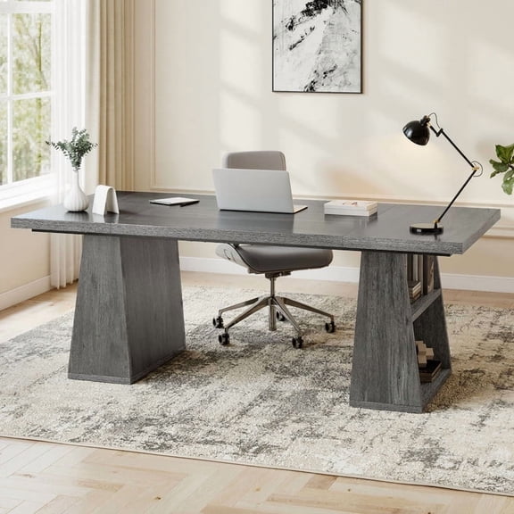 Uforic 63 inches Executive Desk with Double Pedestal and Storage Shelves, Home Office Desk Computer Desk Conference Table, Gray