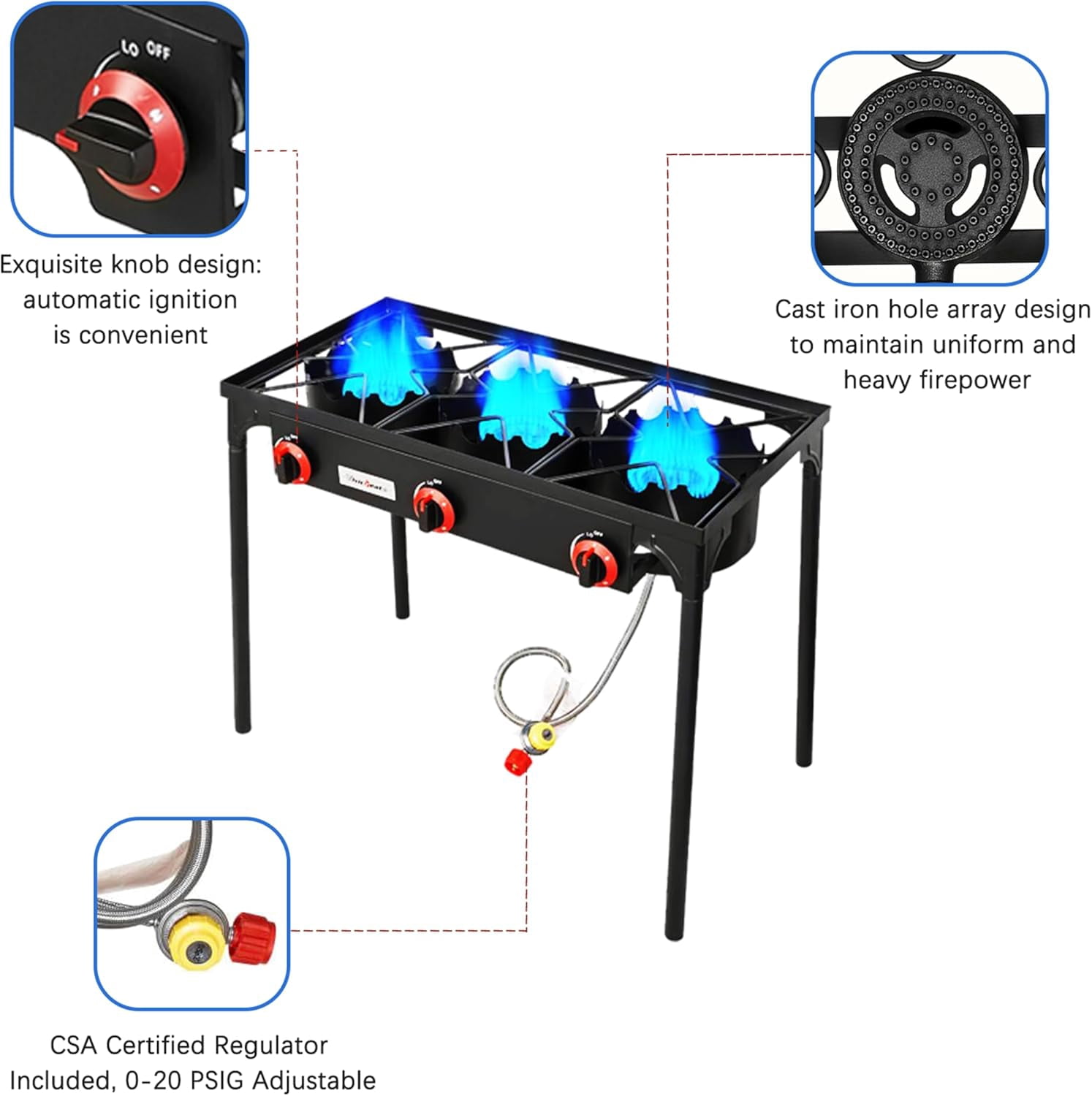Vivicreate 3Burner Propane Stove, 105000 BTU Outdoor Camping Stove with Cast Iron Burners and Stable Legs for Outdoor Cooking