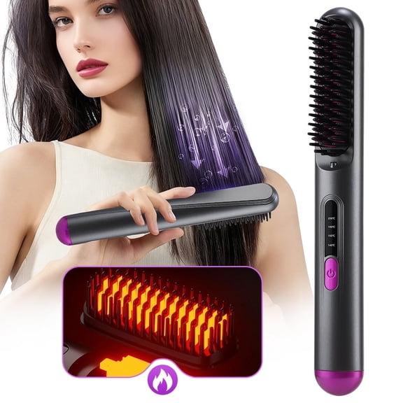 Cordless Hair Straightener Brush for Women, Portable Hair Straightener, Hot Comb with 4 Heating Levels, 30min Auto Off, 10s Fast Heating, 2000mAh Battery Rechargeable, Anti-Scald, LED Display