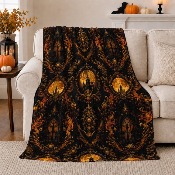 Dark Halloween Forest with Pumpkins Moons and Gothic Scrolls, Spooky Vintage Motif for Halloween Lovers, Halloween Gift, Cozy Flannel Blanket for Family Room and Cabin, Gothic Home Decor