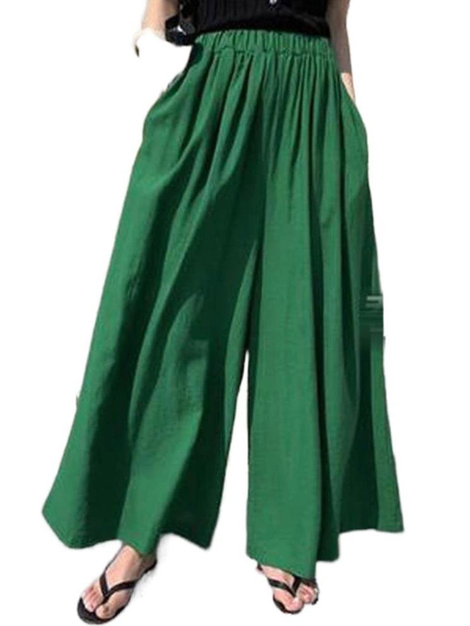Women's High Elastic Waist Wide Leg Casual Flared Pants Loose Culottes Trousers