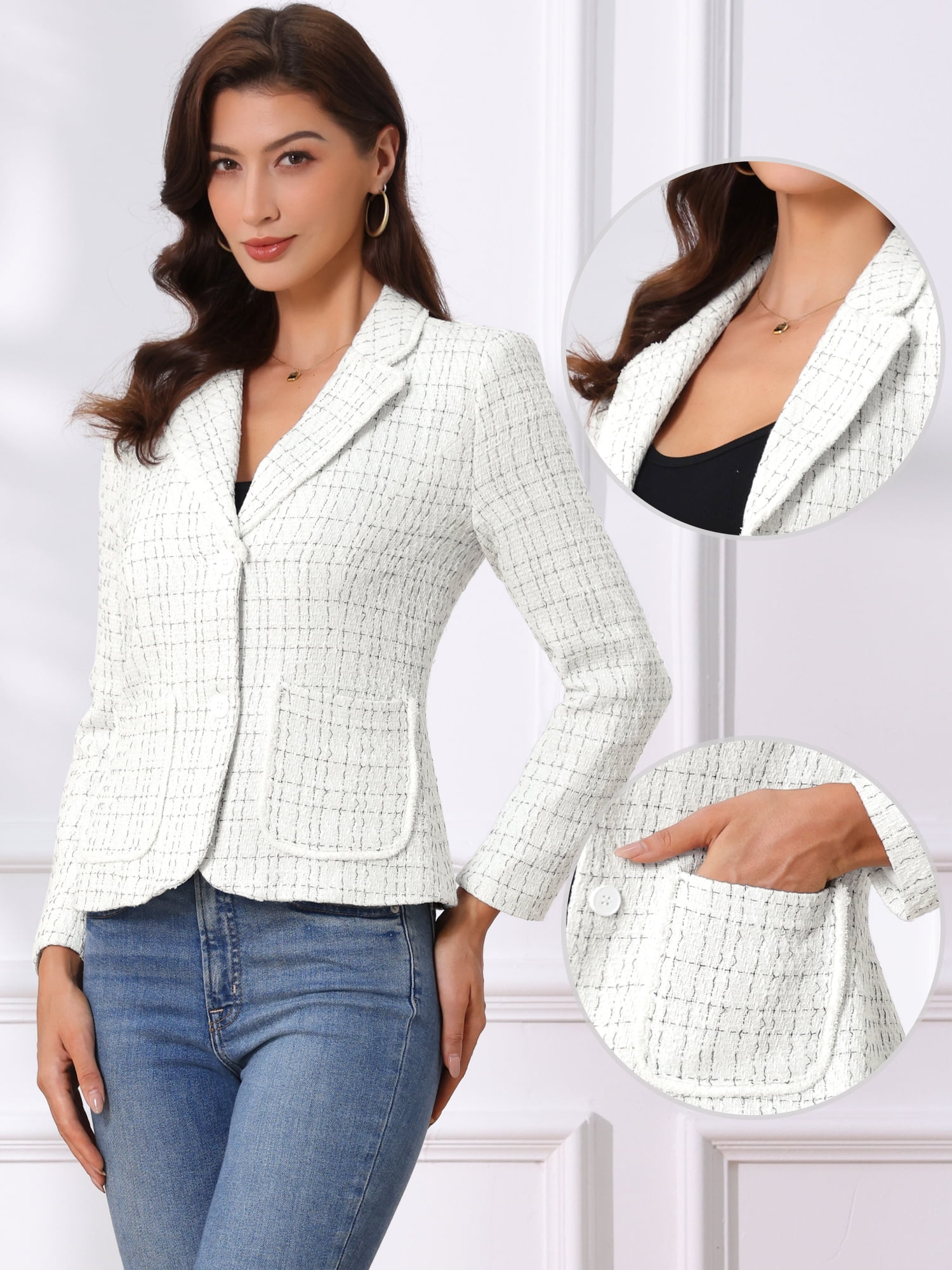DARING DIVA Women's Notch Lapel Long Sleeve Elegant Business Casual Jacket S Black White