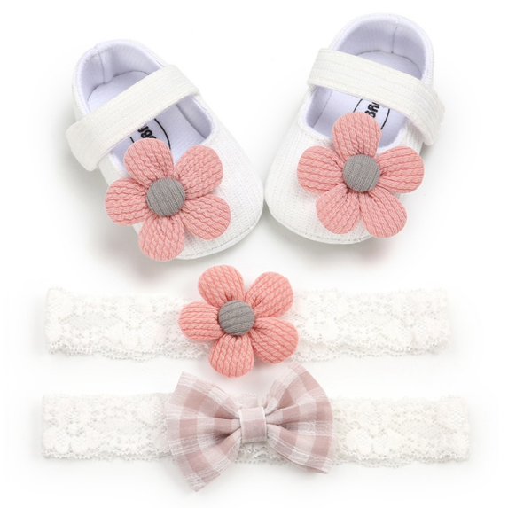 Cute Baby Big Flower Decor Princess Shoes with 2 Headband,Soft Soled Prewalkers