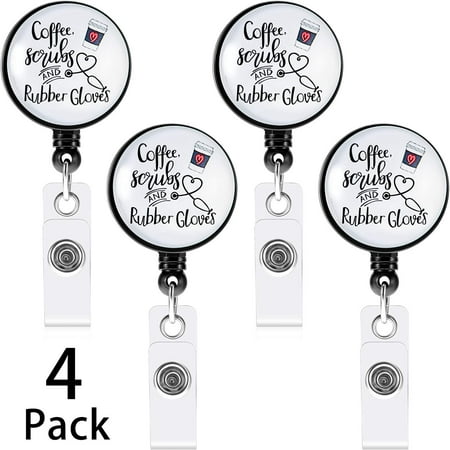 4 Pieces Coffee Scrubs and Rubber Gloves Badge Holder Nurse Retractable ...