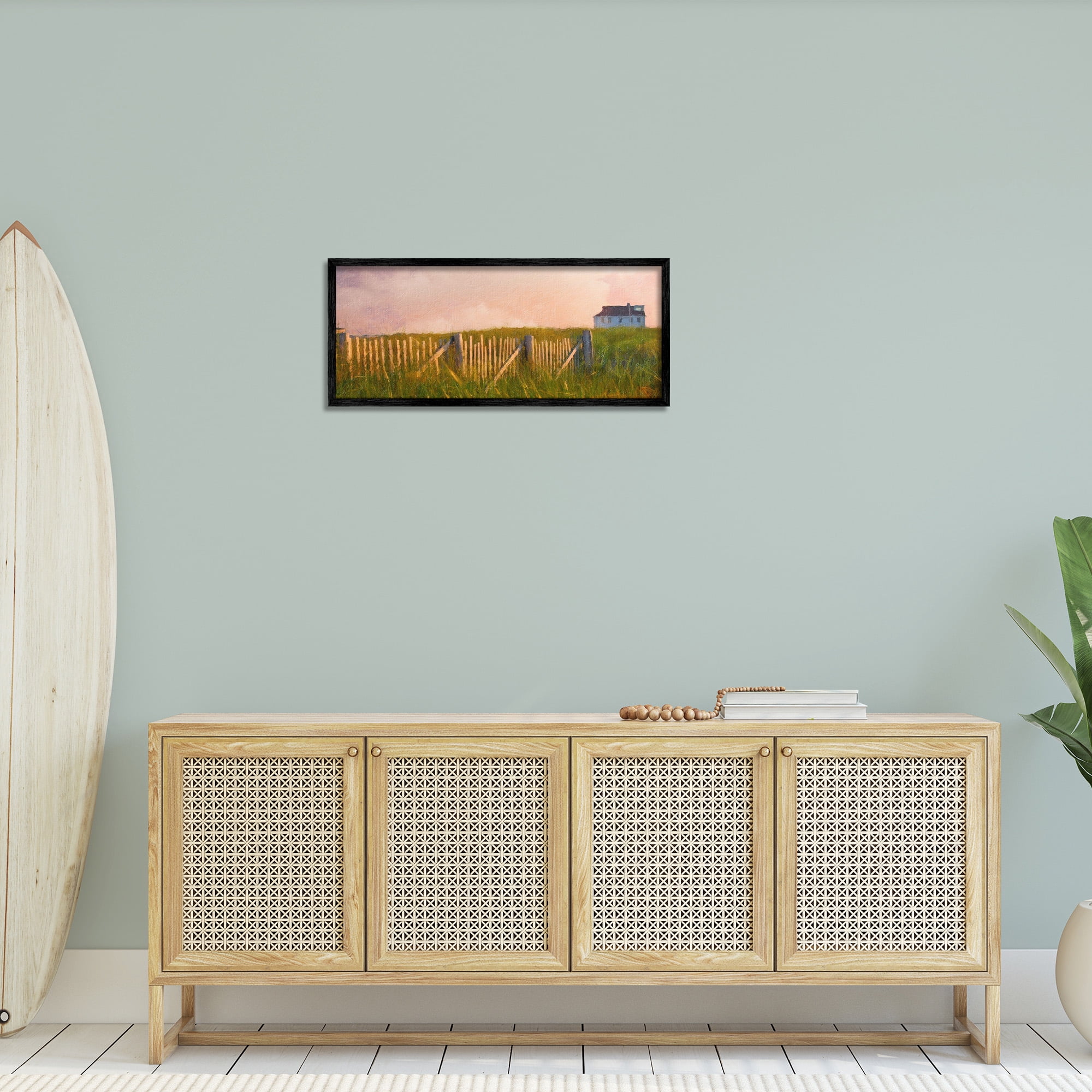 Stupell Industries Nautical Beach Cottage Landscape Painting Black Framed Art Print Wall Art, 30 x 13