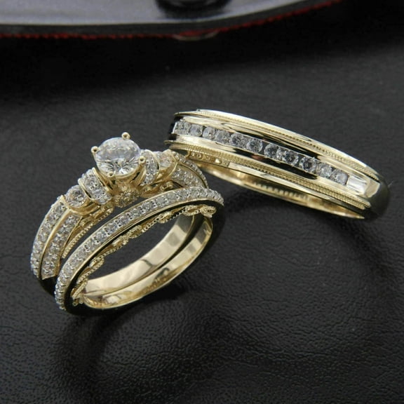 3Ct Round Cut Lab Created Diamond Wedding Trio Ring Set 14k Yellow Gold Plated