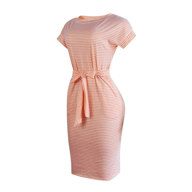 OAVQHLG3B Striped Bodycon Dresses for Women Party Cute Midi Short Sleeve  Strappy Crewneck Casual Vestidos Vestir with Pocket - Walmart.com