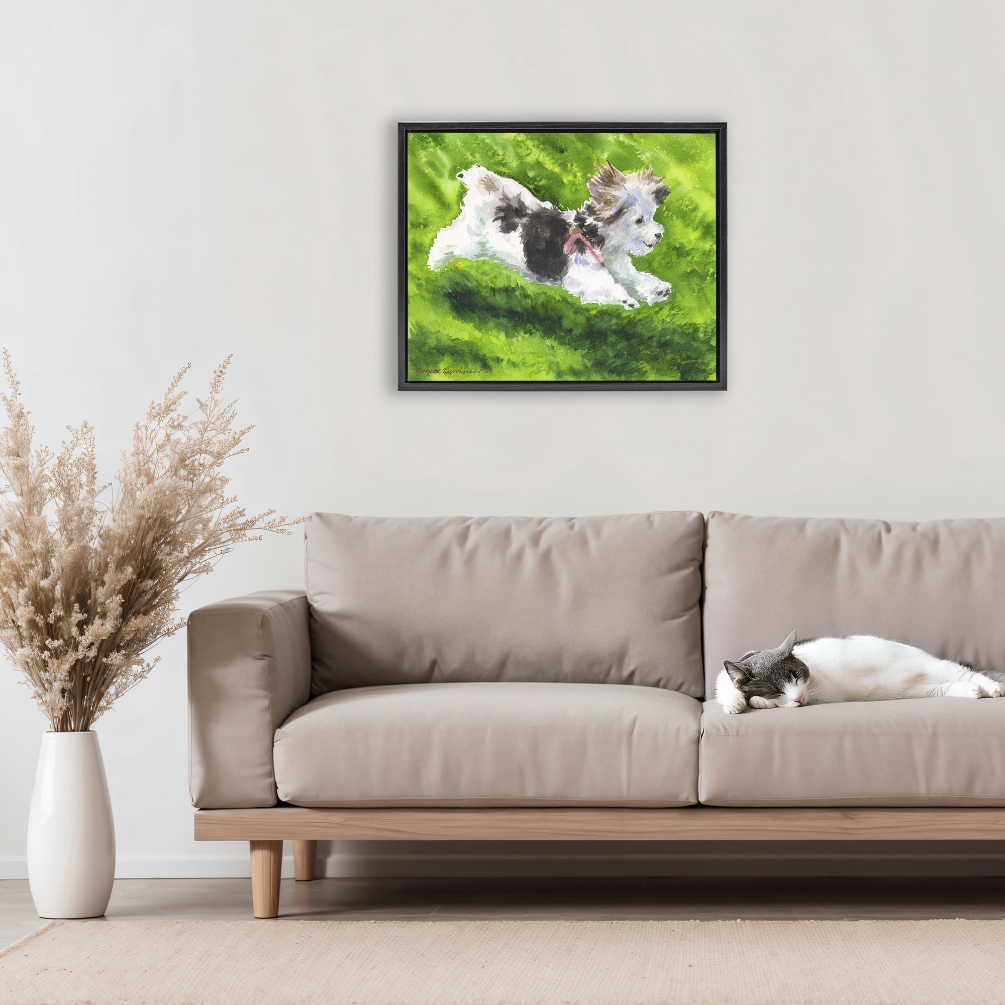 Stupell Industries Happy Maltipoo Running Black Framed Floater Canvas Wall Art, design by George Dyachenko