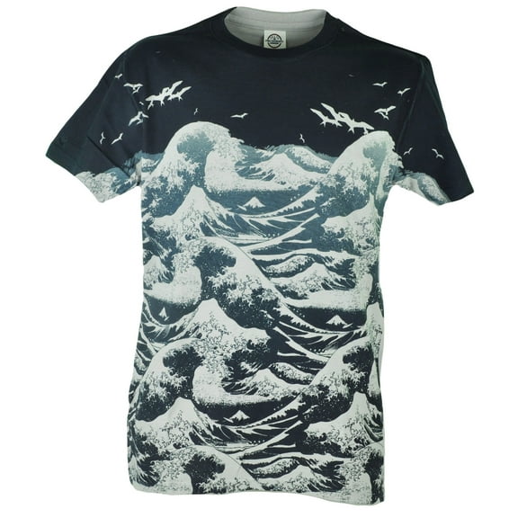 Beach Scene Waves Birds Graphic Navy Blue Grey Men Adult Tshirt Shirt Tee XLarge
