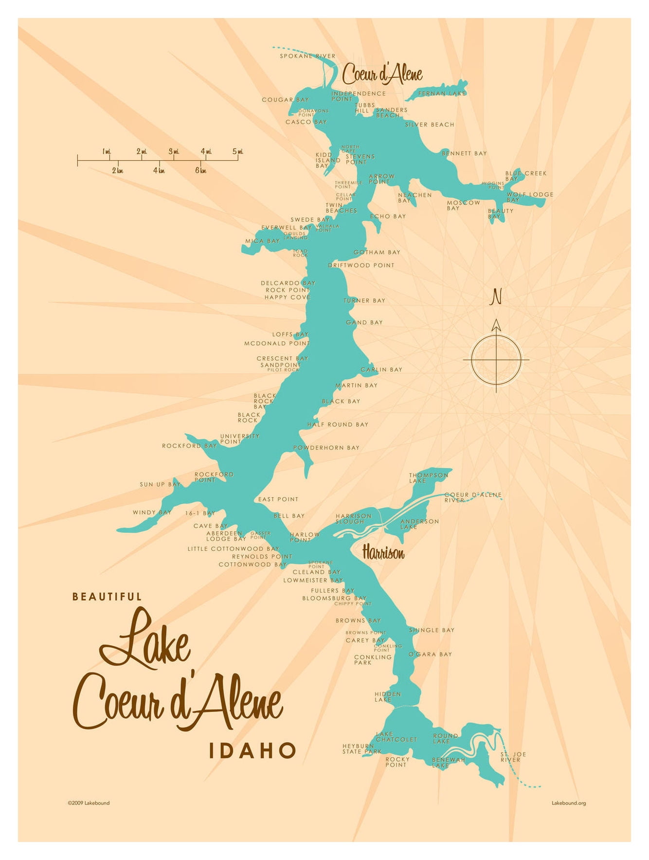 Coeur d'Alene Idaho Map VintageStyle Art Print by Lakebound (9" x 12
