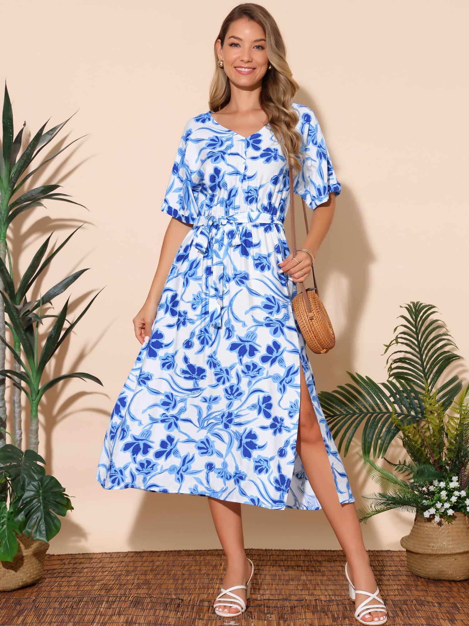 DARING DIVA Loose Boho V Neck Short Sleeve Tie Waist Floral Maxi Dress XL Blue