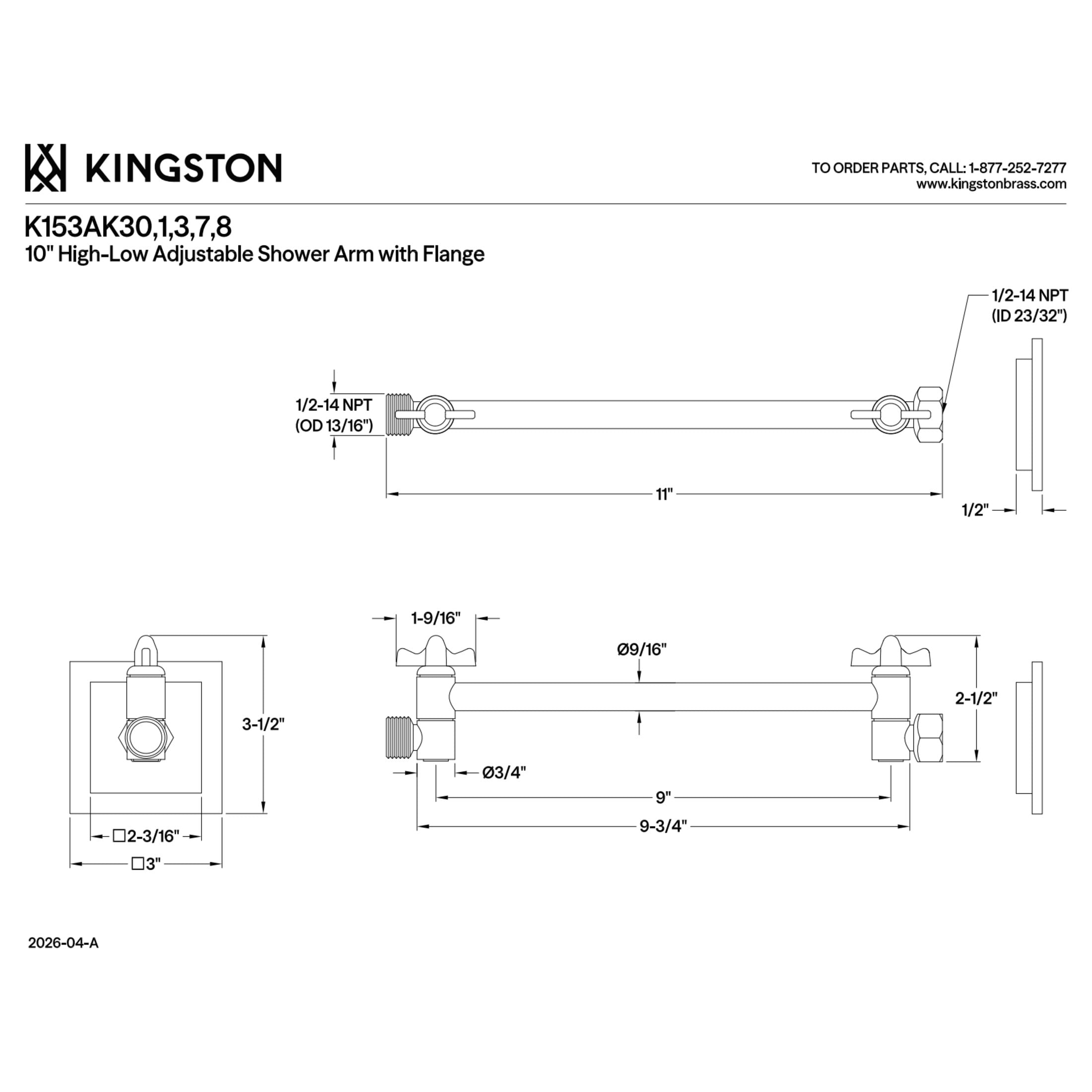 Kingston K153AK31 Claremont 10" Adjustable High-Low Shower Arm with Square Flange, Polished Chrome
