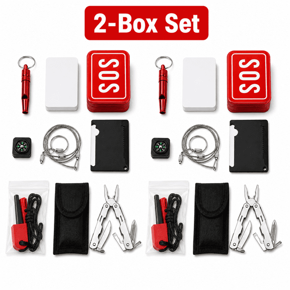 2 Pack Outdoor Emergency Kit, Multi Function Survival Gear Set with Emergency Supplies Box, Portable Safety Tools for Camping, Hiking, Travel, Road Trips and Outdoor Activities