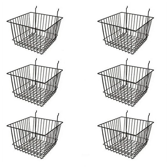 6 Pack Deep Wire Storage Baskets for Gridwall and Slatwall, 12"x12"x8" Metal Display Bins for Retail Store Fixtures, Wall Mounted Wire Organizers - Black