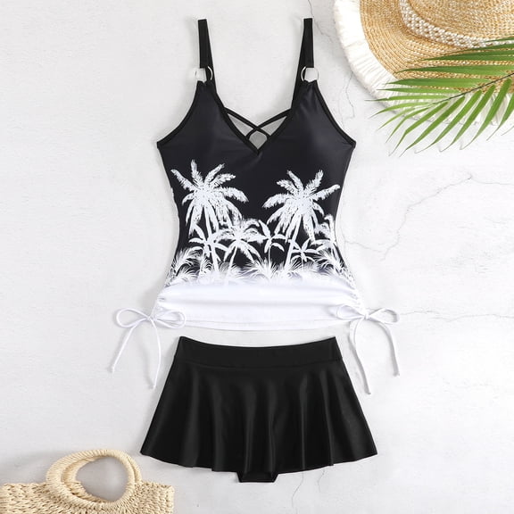 Women's Plus Size Tankini Set V Neck Crisscross Tank Tops with Adjustable Strap High Waisted Skirt Bathing Suit Print Two Piece Swimsuit XL