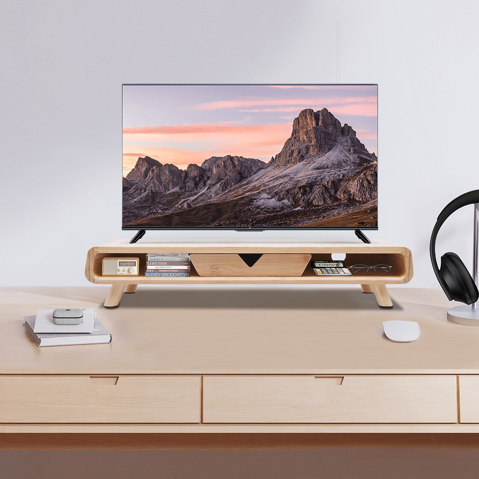 24" Bamboo Monitor Stand & Back Baffle Drawer Desktop Stand Riser 4.5" Height Wood Color for Office