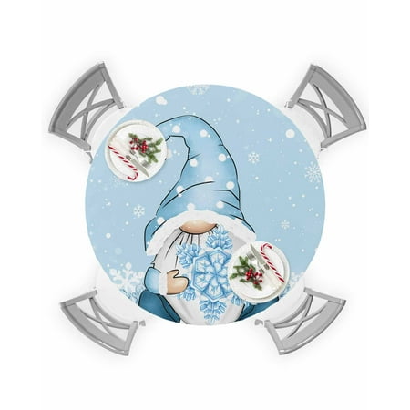 

Round Tablecloth with Elastic Christmas Blue Gnome Holding A Snowflake White Winter Xmas Waterproof Table Cover Wipeable Fitted Table Cloths for 45 -54 Round Tables Dining Kitchen Indoor Outdoor Use