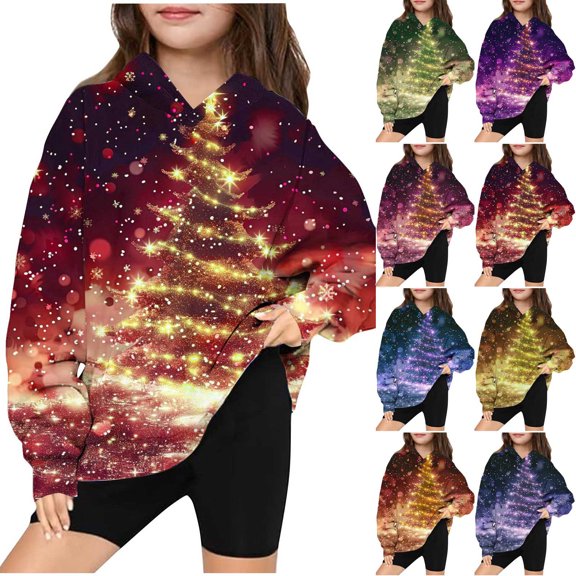 LOVZFMLL Hoodies for Girls Christmas Print Casual Loose Hooded Sweatshirt Long Sleeve Round Neck Pocket Pullover Tops Little Girls Spring Fall Clothes 4-5 Years