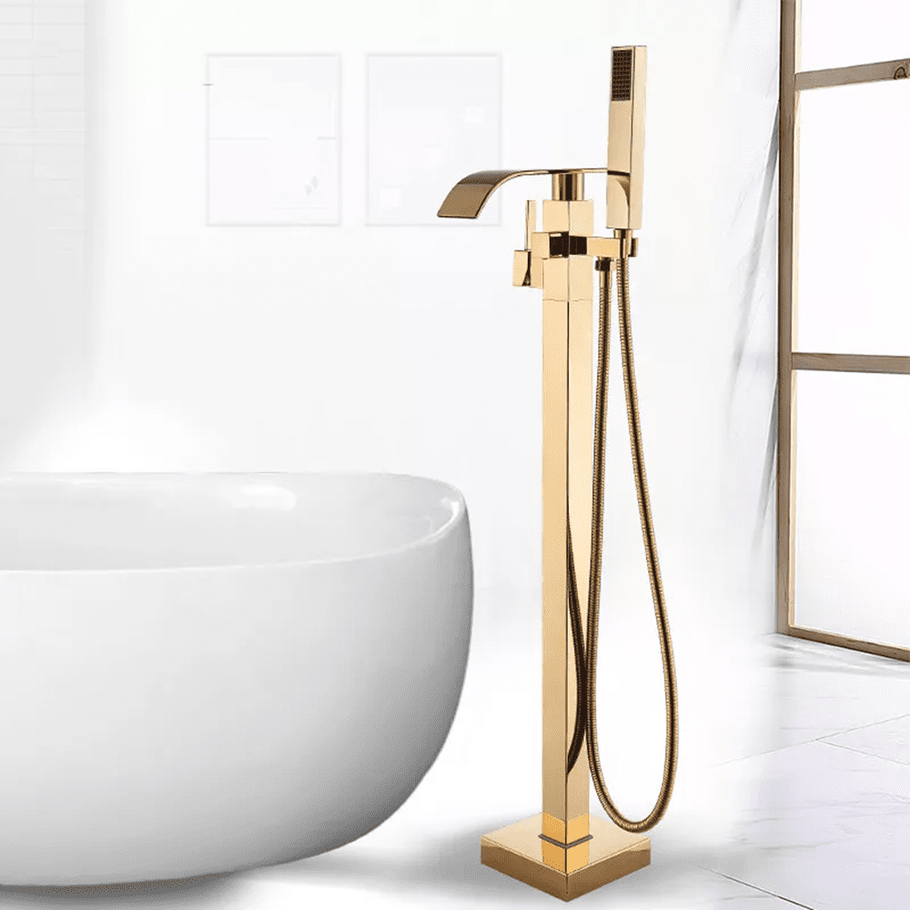 Gold Freestanding Bathtub Faucet Tub Filler Floor Mounted Hand Shower Mixer