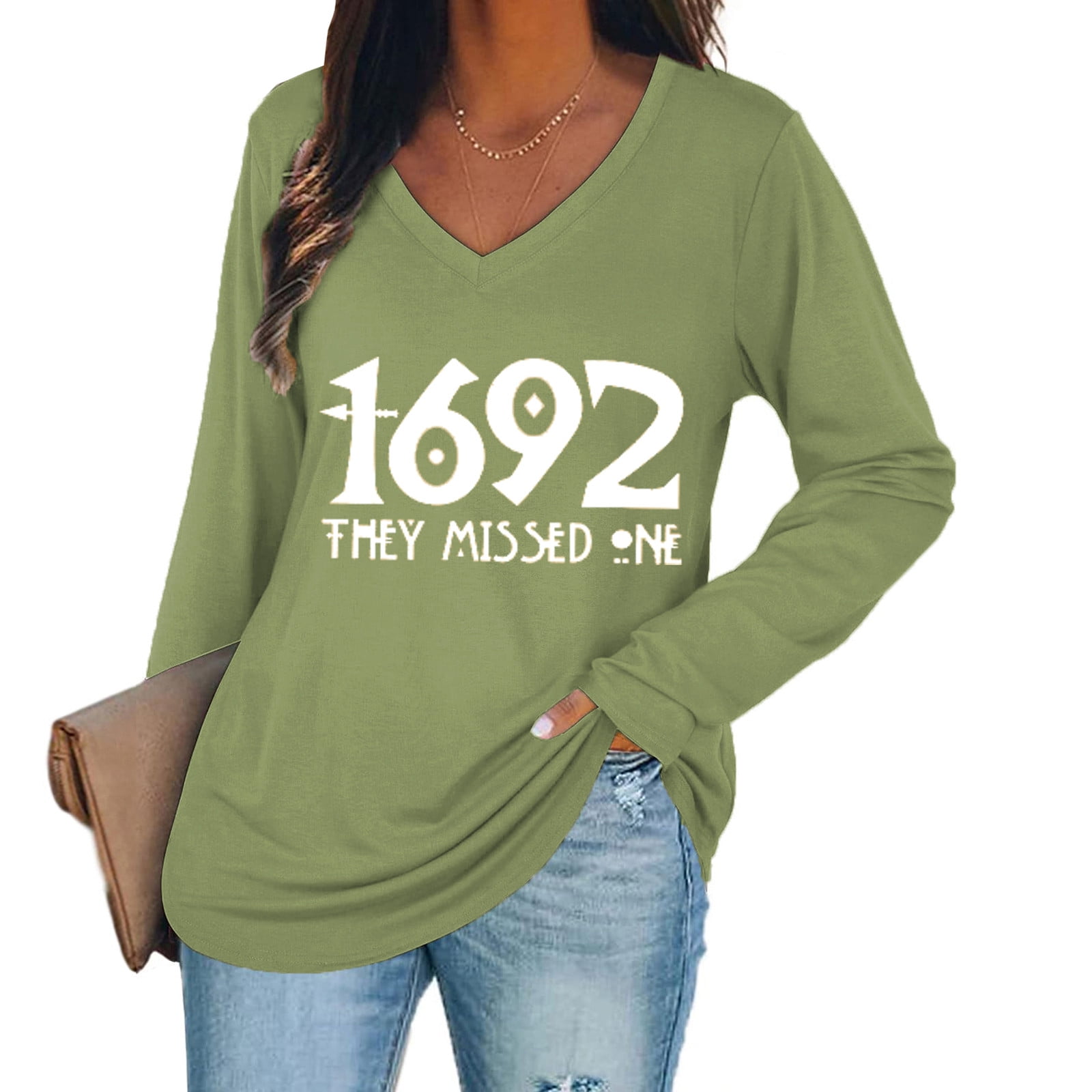 Women's '1692 They Missed One' Halloween T-Shirt - Vintage Graphic Tee, V-Neck, Short Sleeve, Oversized Fit