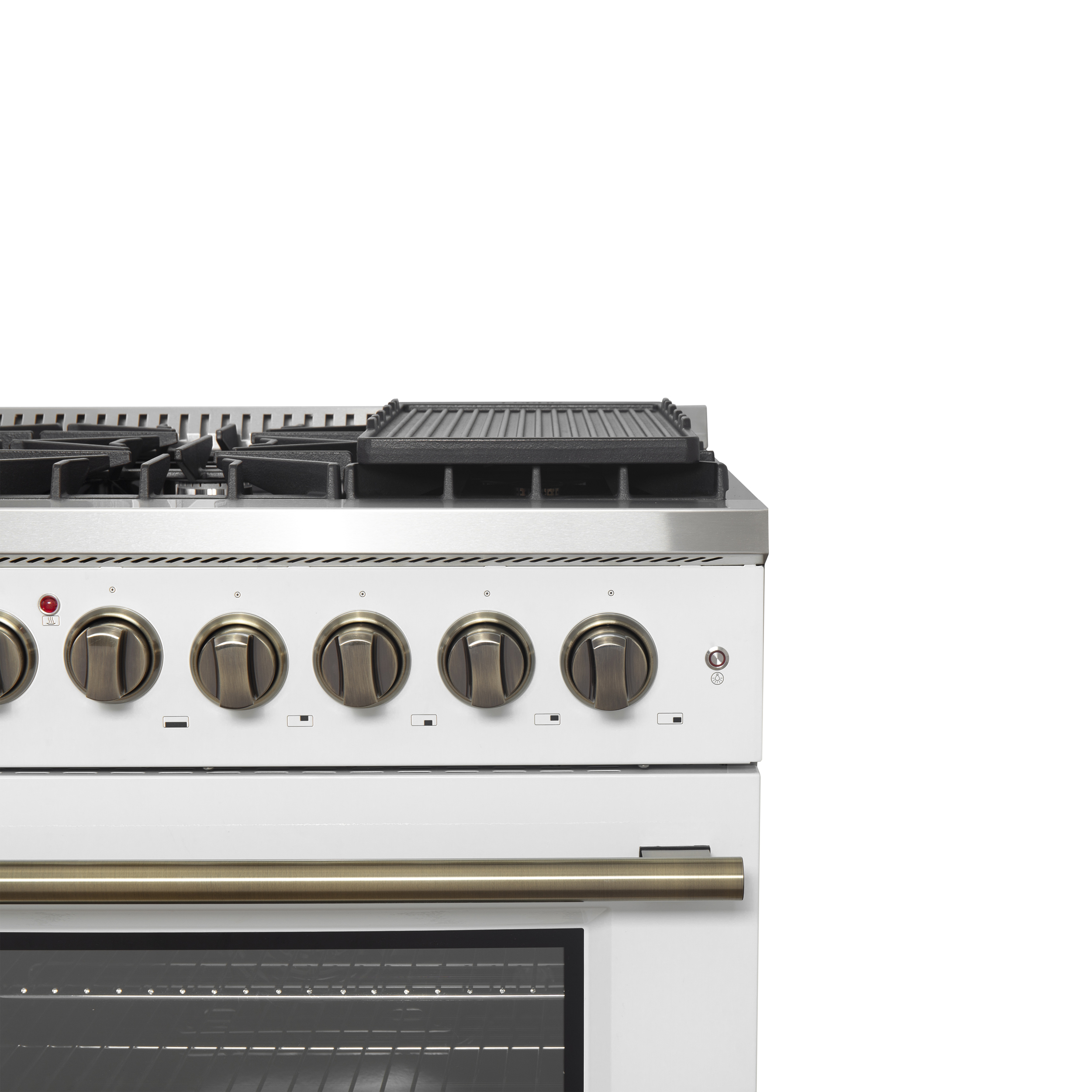 Forno Galiano 48-inch French Door Dual Fuel Range, White  Antique Brass Design, 8 Sealed Burners - 107,000 BTU, Griddle, 6.58 cu.ft. Double Ovens