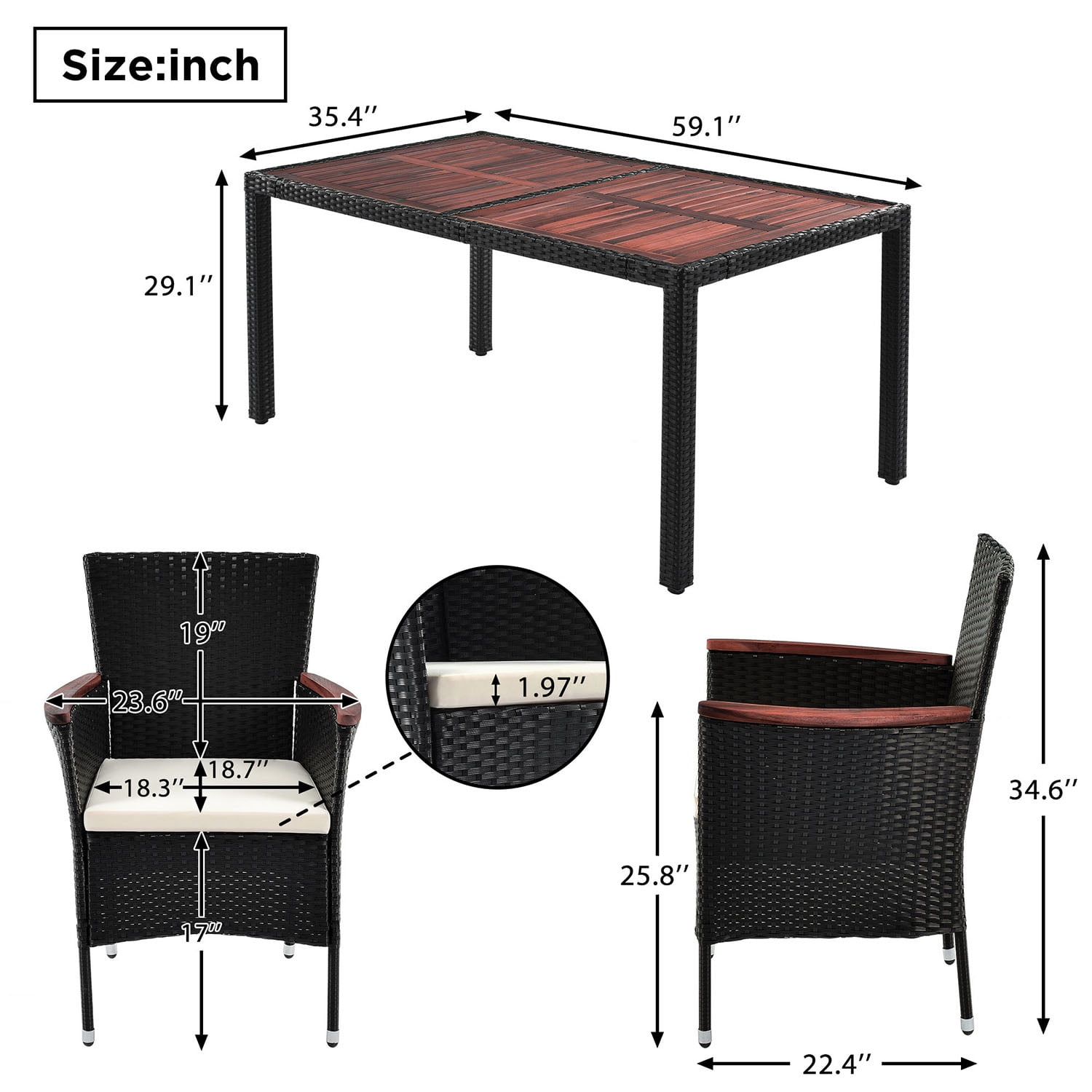 Kadyn 7-Piece Outdoor Patio Dining Set, Garden PE Rattan Wicker Dining Table and Chairs Set for 6-Person, Stackable Armrest Chairs with Cushions, Reddish-brown