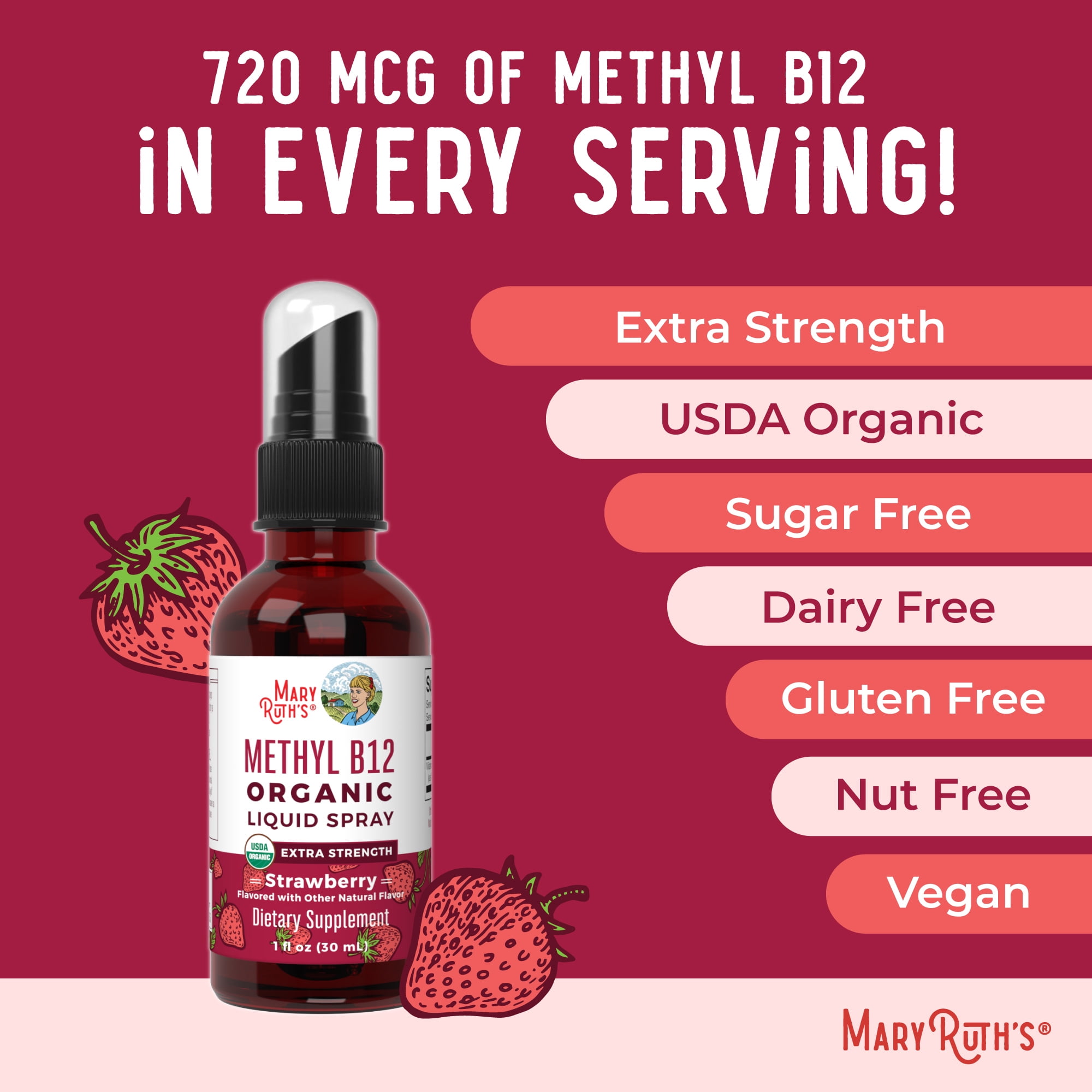 MaryRuth's Methyl Vitamin B12 Letter Vitamins Liquid Spray USDA Organic Strawberry Vegan Gluten-Free 1-Count 1 fl oz