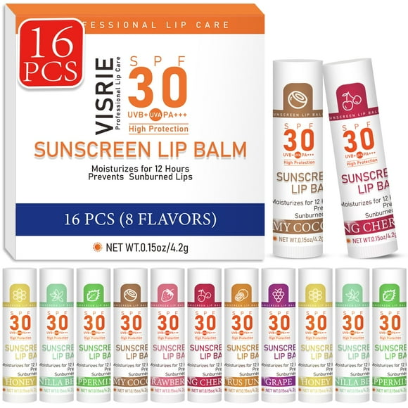 Bálsamo labial VISRIE, protector solar SPF 30, paquete de 16 con 8 sabores