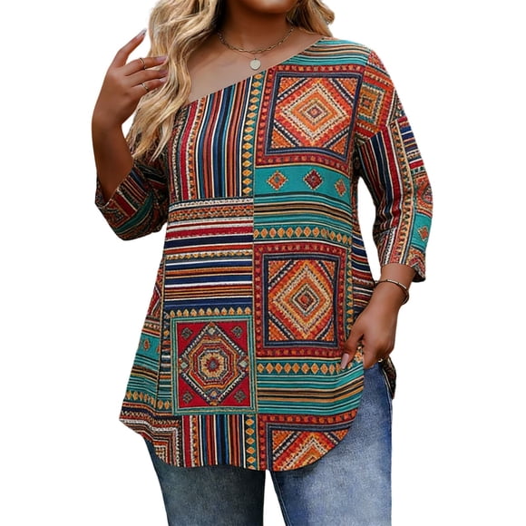 Women's Plus Size Printed Tops, Elegant One Shoulder Blouse, Flowy Tunic with Exquisite Paisley, Breathable Off Shoulder Shirt for Casual, Work, Weekends