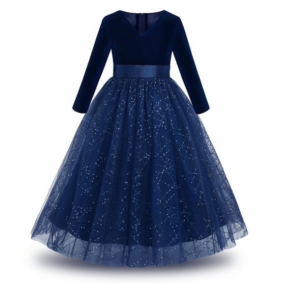 IBTOM CASTLE Flower Little Girl Tulle V-Neck Velvet Shiny Sequins Bridesmaid Dress for Kids Wedding Dance Party Pageant Communion Princess Gowns 7-8 Years Navy Blue