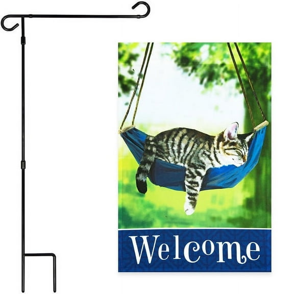 G128 Combo Pack: Garden Flag Stand Black 36x16IN & Garden Flag Welcome Sleeping Kitten 12x18IN