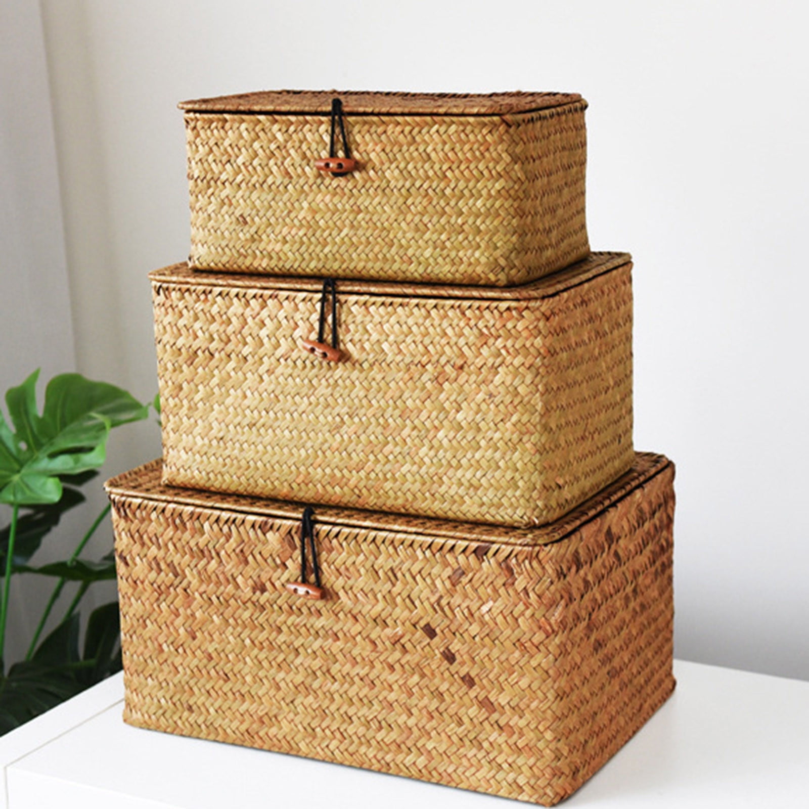 Storage Basket with Lid, Natural Seagrass Bin with Lid, Shelf Baskets Multipurpose Container for Boho Decoration, Rectangular Household Storage Boxes for Home Organization-Natural