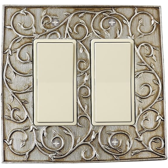 Meriville French Scroll 2 Rocker Wallplate, Double Switch Electrical Cover Plate, Aged Silver