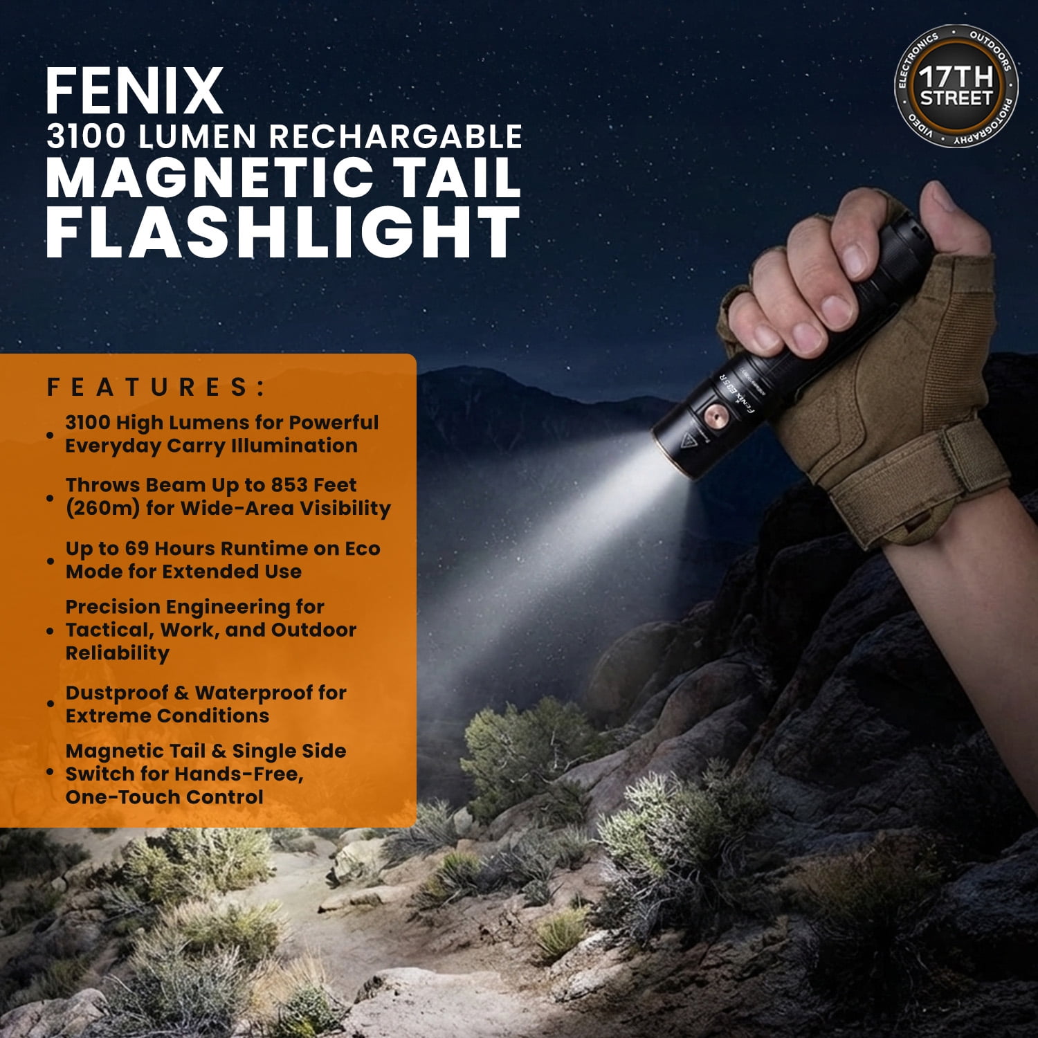 Fenix E35R Magnetic Tail EDC Flashlight - 3100 Lumens EDC & Six Lighting Modes, USB Type-C Rechargeable - Single Side Switch Light with Dual USB Ports 2.4A Wall Charger and Cleaning Cloth -Bundle Kit