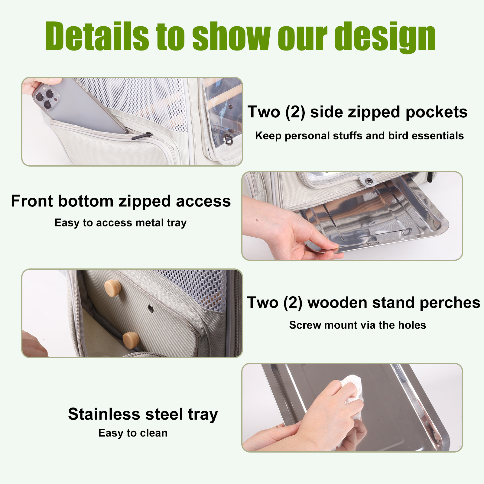 halinfer Bird Carrier Backpack, Pet Travel Cage with Standing Perches, Breathable Portable Transport Carrier for Parakeet, Budgie, Conure, Cockatiel, Small Parrot