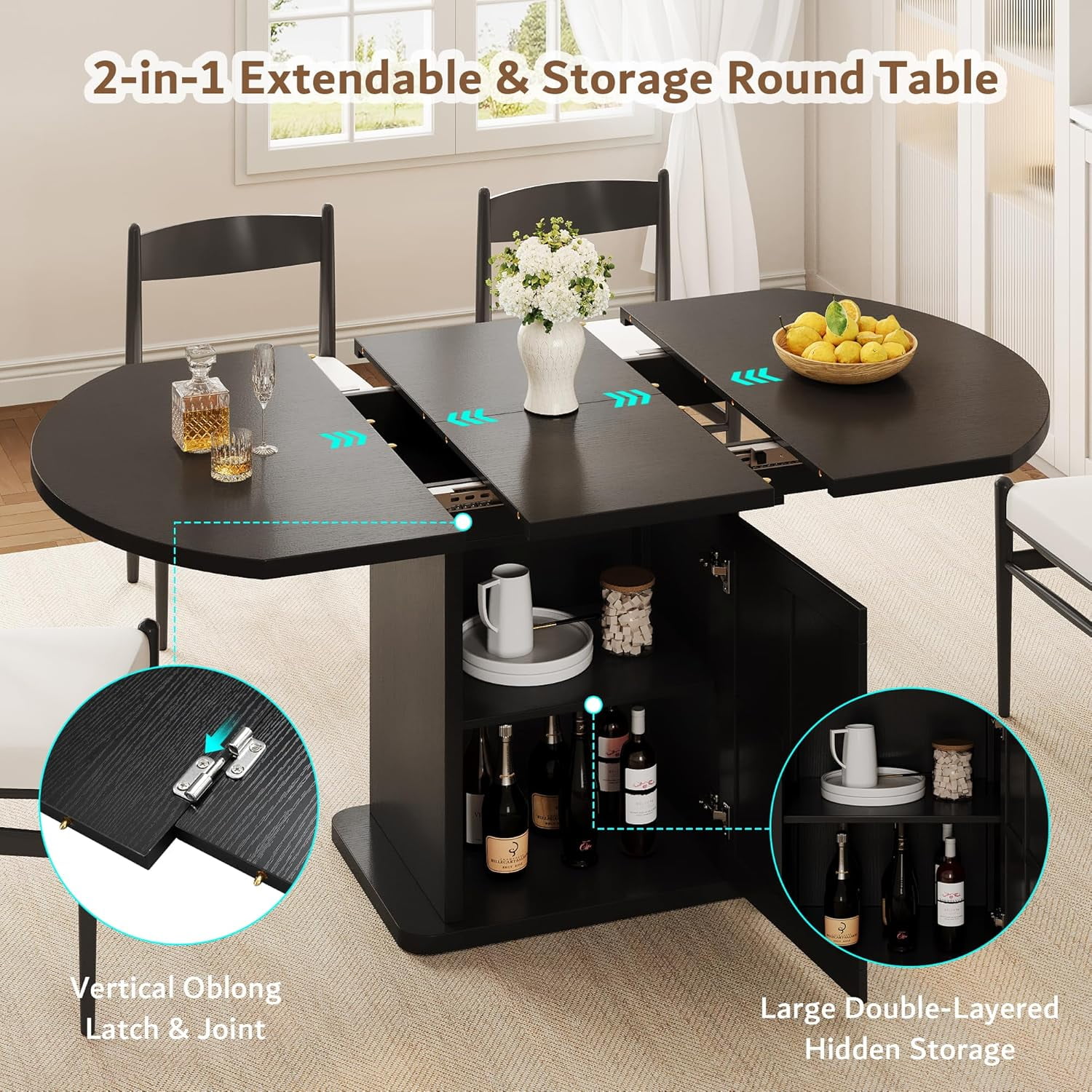 iPormis Extendable Round Dining Table for 4-6, 59'' Modern Kitchen Table with 2-Tier Storage Shelf, Wood Door, MDF Board, Space Saving Oval Dinner with Sturdy Pedestal Base, Kitchen, Dining,Black