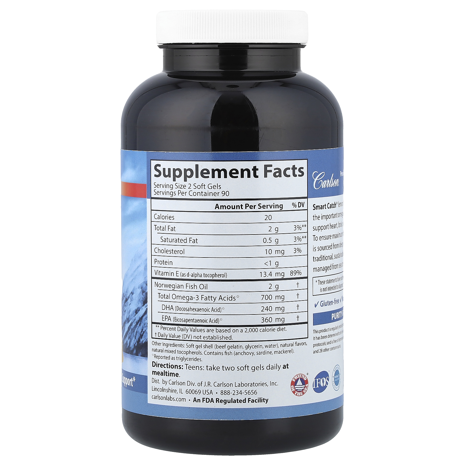 Carlson Labs - Smart Catch Norwegian Fish Oil Omega-3 DHA & EPA For Teens Lemon 1000 mg. - 180 Softgels