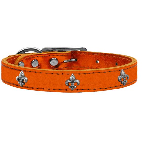 silver fleur de lis widget genuine metallic leather dog collar orange 12