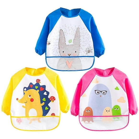 3pcs Baby Waterproof Long Sleeve Aprons Children Breathable Painting Aprons Baby Eatting Clothes (Random Style, Free Size)