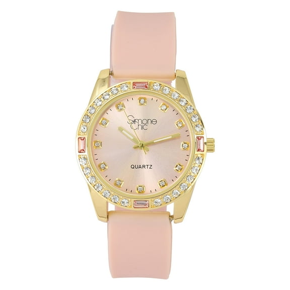 Women's Diamond & Gem Pave Fashion Rolly Rubber Band Timepiece - Colorful Dial w/Matching Baguette Bling on Watch Trim - Ladies Be Burnin' w/This Sport Chic Trendy Fashion Accessory -ST10415SB Blush