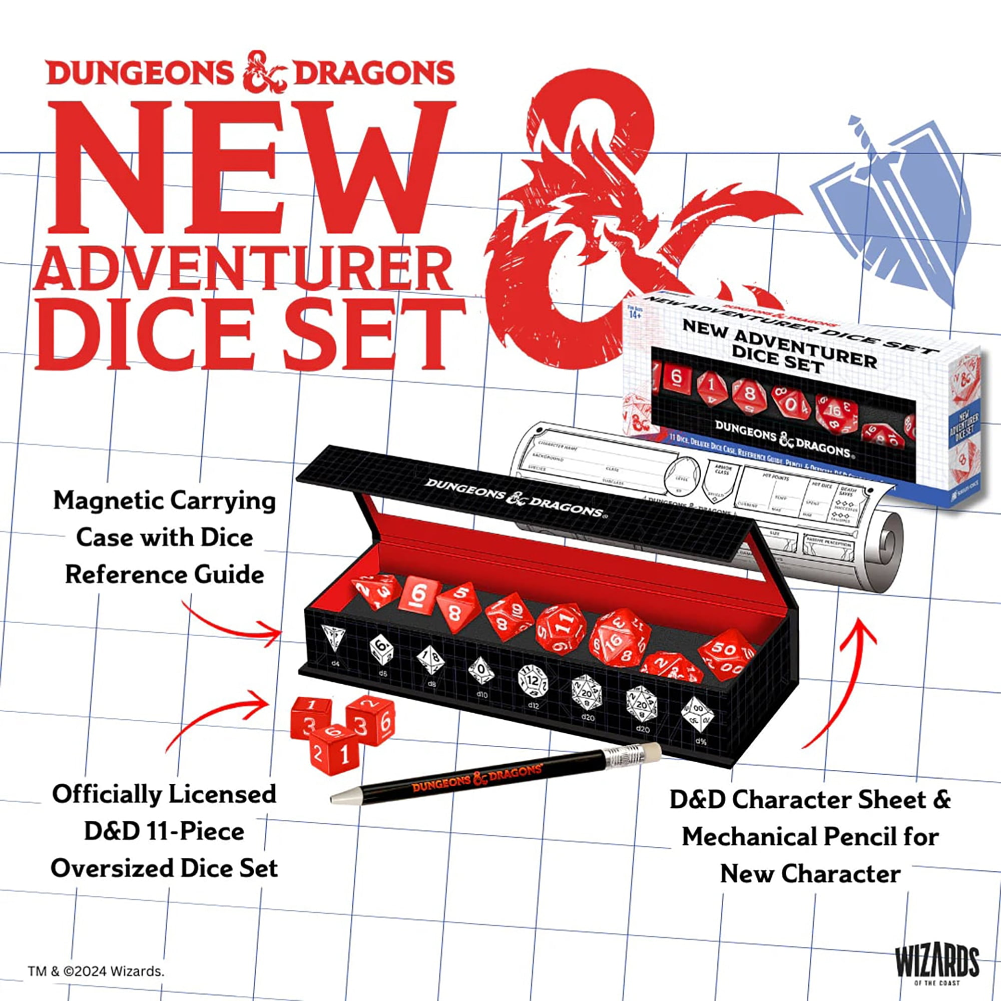 Dungeons & Dragons: D&D New Adventurer Dice Set: Red - 11 Oversized RPG Dice, Magnetic Storage Case, Character Sheet & Pencil, Officially Licensed