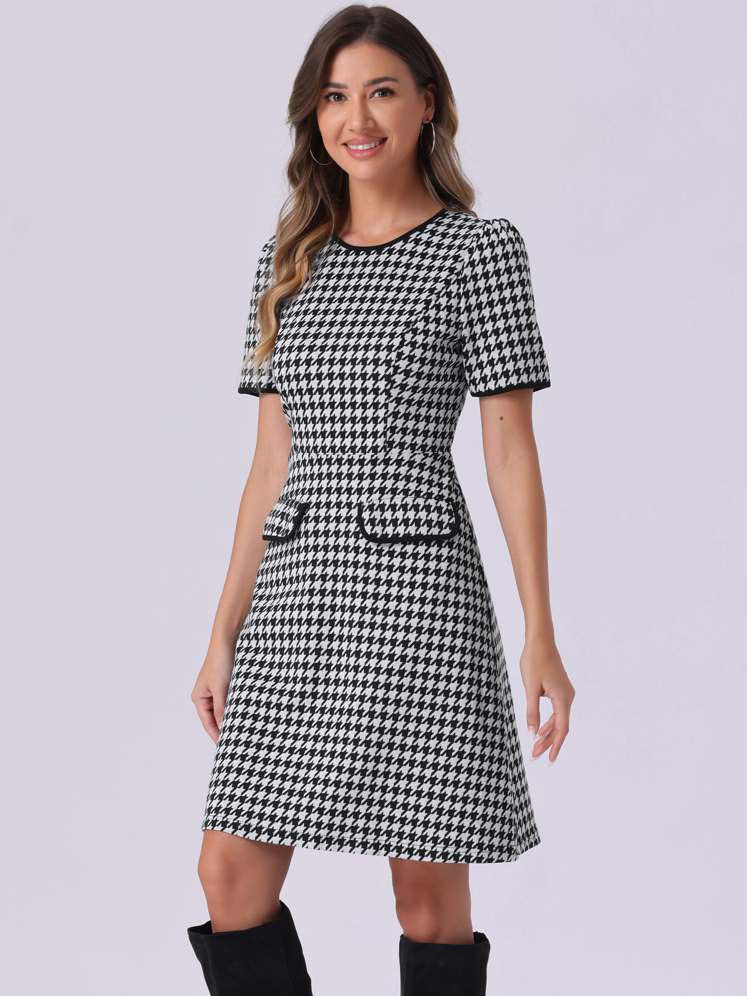 DARING DIVA Plaid A-Line Crewneck Contrast Trim Dress S Black