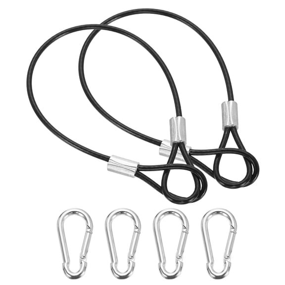 Uxcell 8 Inch Safety Cable Lock, 2 Pcs 304 Stainless Steel Security Wire Ropes Double Loop Anti-Theft Safety with 4 Spring Buckles for Bicycles Luggage Stage Lighting, Black