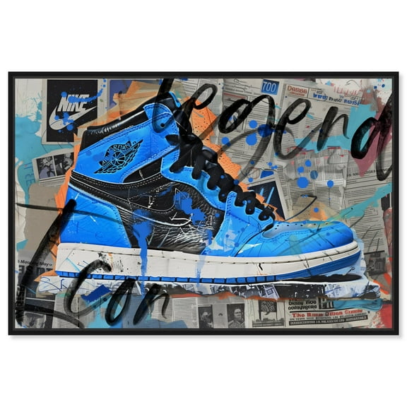 Newspaper Clipping Sneaker II Urban Style Canvas Wall Art by Notoriart, Black Floater Frame, 15"x10"