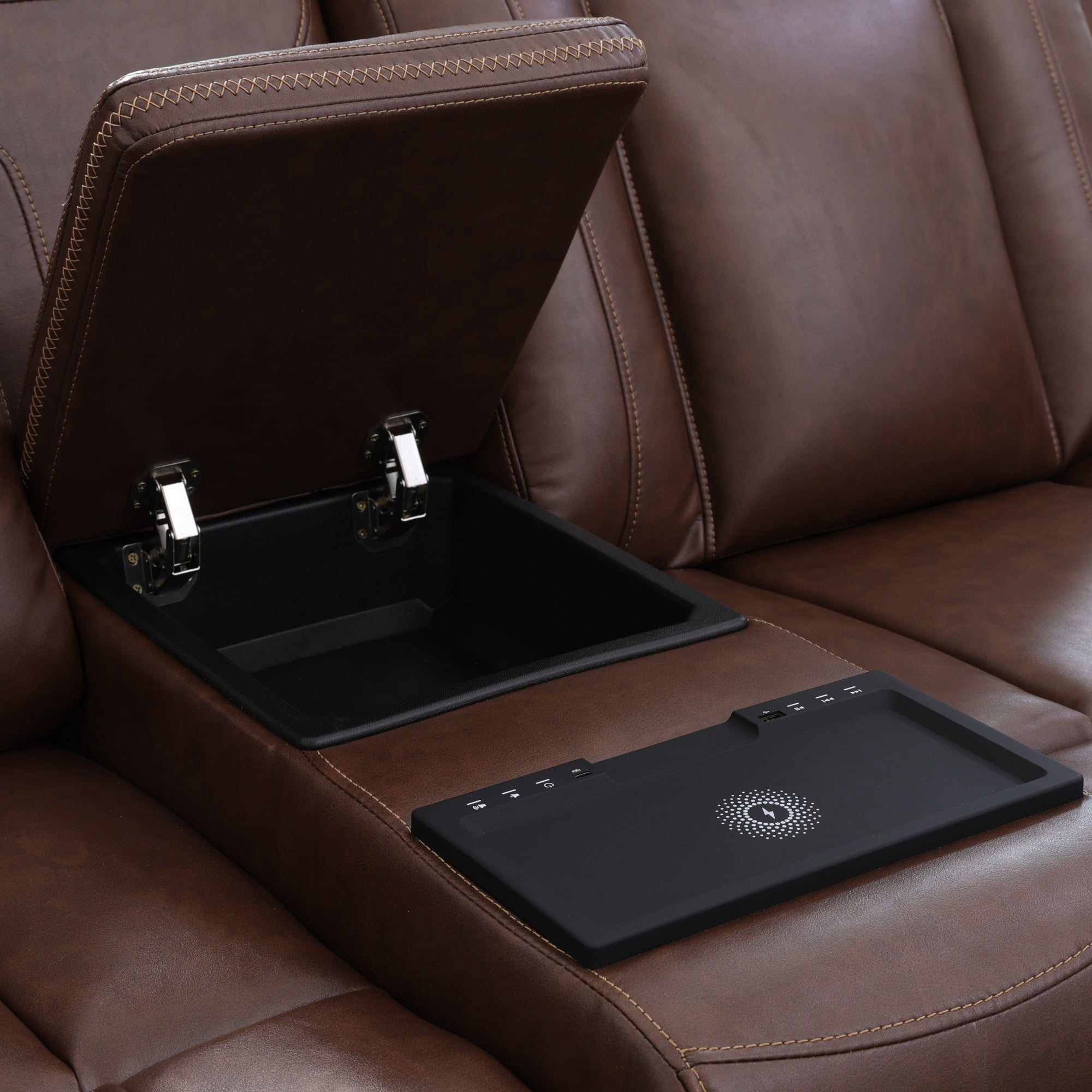 Gewnee Power Recliner with Wireless Charging, LED Ambient Lights, Built in Bluetooth Speakers, USB & Type‑C Ports, Hidden Storage, Home Theater Seating with Cup Holders, Air Leather‑Reddish-brown