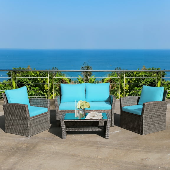 Costway 4PCS Patio Rattan Furniture Set Sofa Table W/Storage Shelf Turquoise